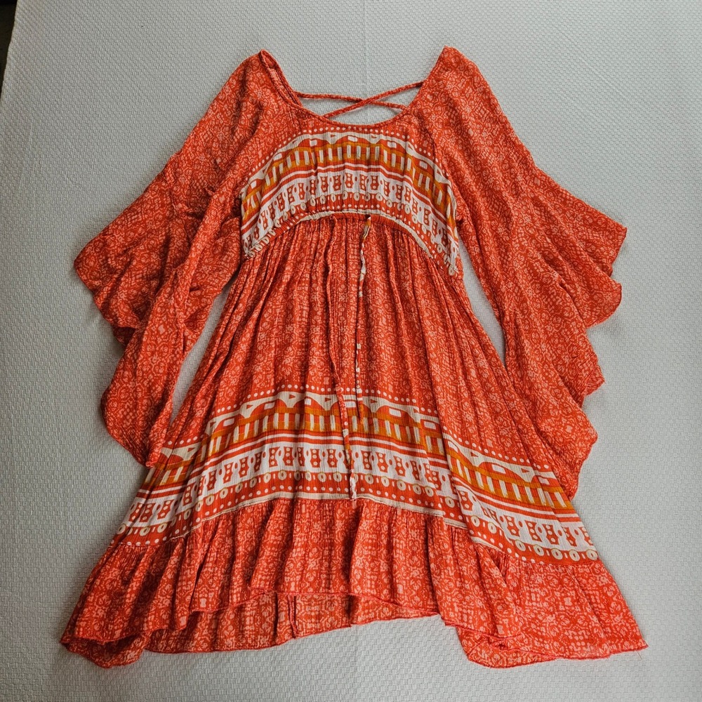 J Gee Orange Boho Bell Sleeve Empire Waist Mini Dress M Festival Rayon Fairy